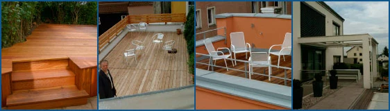 Vier Beispiele ausgeführter Terrassen, Loggien und Balkone